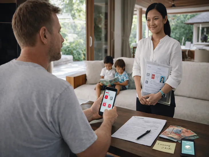 Caregiver in Indonesia 2026 – Professional babyysitter playing educational games with children in a private villa