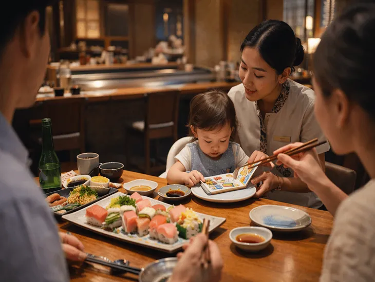 Japanese Restaurants in Bali 2026 – Family enjoying sushi meal while a babysitter feeds the baby