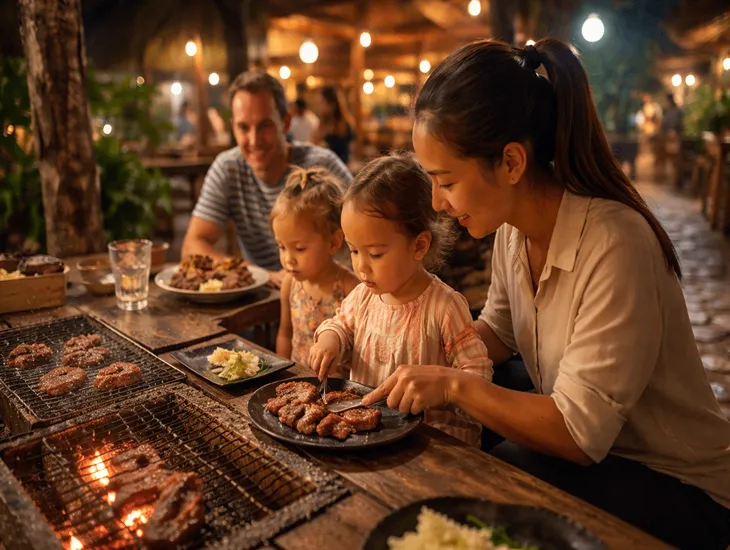 Family Dining in Indonesia 2026 – Childcare assistance at rustic grills, safety vetting, and stress-free meals.