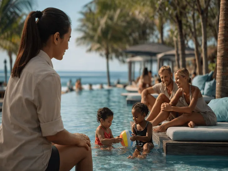 Babysitter in Indonesia 2026 – Professional caregiver supervising siblings at a pool in Canggu beach club