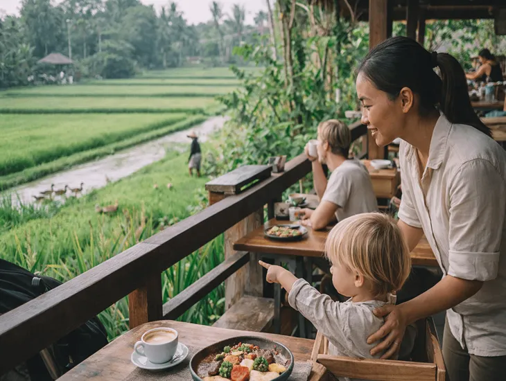 Brunch Spots in Bali 2026 – Rice field views, child-safe open-air dining, and calm family mornings