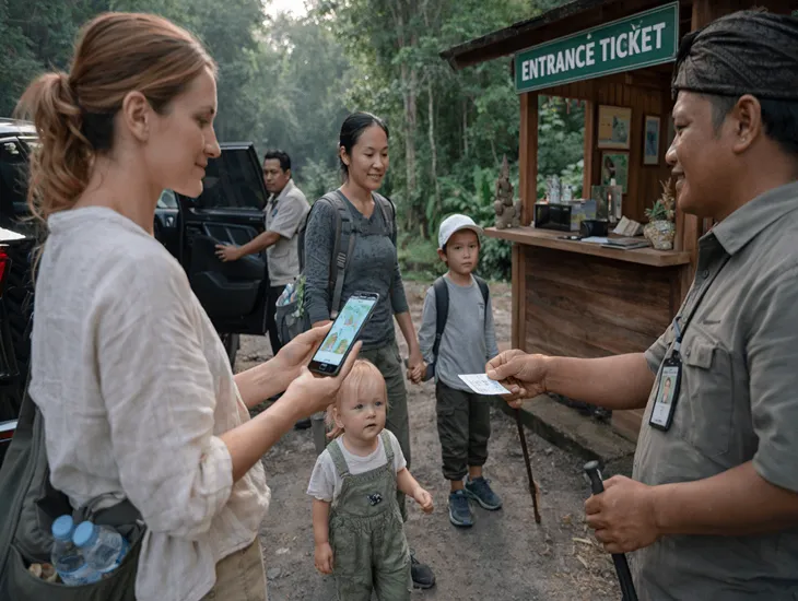 Trekking in Indonesia 2026 – Family checking in at a waterfall ticket booth with a local guide