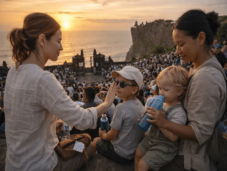 babyysitter in Bali 2026 - Reliable caregiver assisting expats at temple grounds during sunset hours