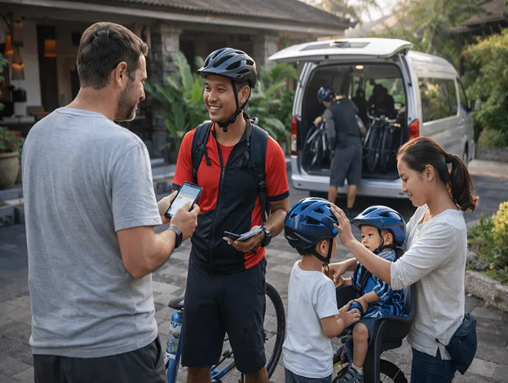 Family Biking in Indonesia 2026 – Children wearing protective helmets on rural forest trails
