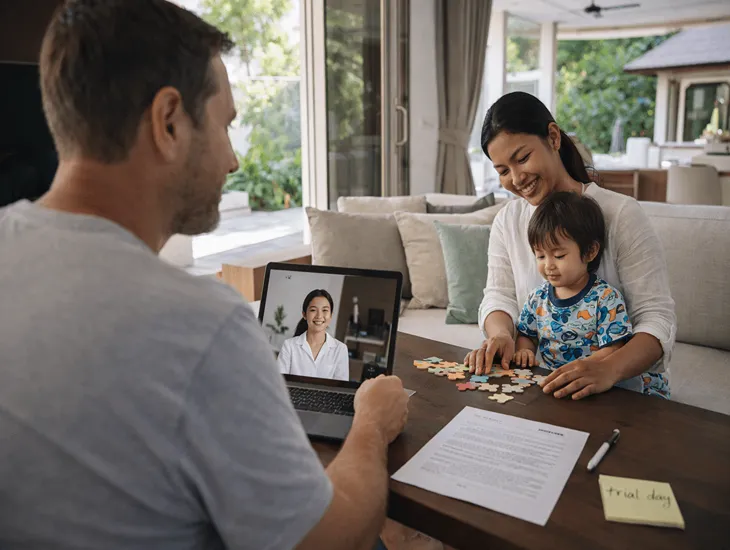 Booking in Indonesia 2026 – Protective parent interviewing a prospective caregiver via video call