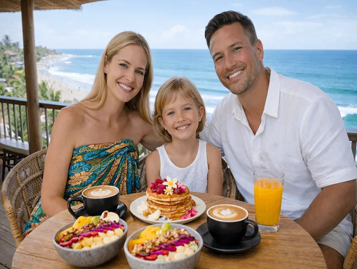 Restaurants in Bali with Kid-Friendly – A sunny cafe terrace featuring high chairs, colorful children's cutlery, and a dedicated indoor play area.