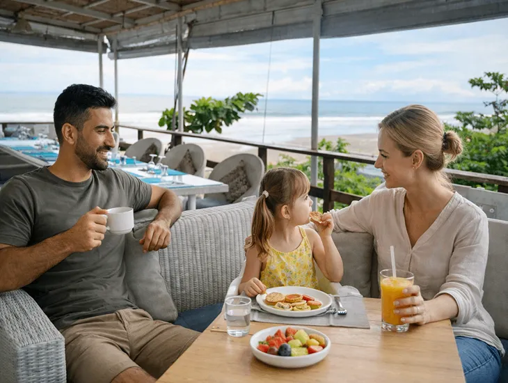 Kid-Friendly Cafes in Bali – Quiet garden café, shaded family seating, and relaxed children’s space near Kedungu Beach