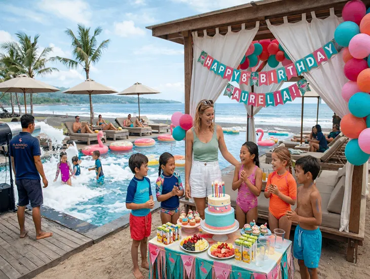 Birthday Venues in Bali for Kids – Oceanfront foam party, family pools, and tropical birthday celebration at Saba Beach