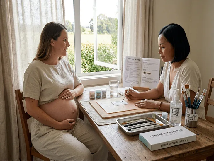 Maternity Skin Safety – Professional grade cosmetic paints, water-based pigments, and hypoallergenic testing for expectant mothers.