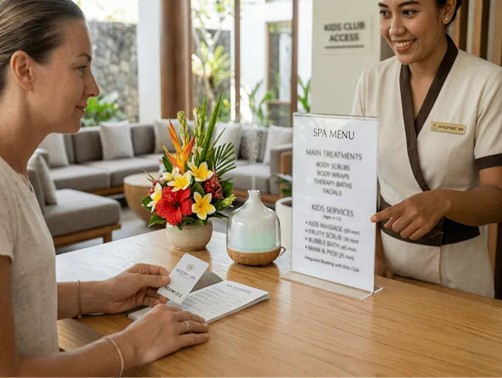 Family Resort Wellness – A modern spa reception area with a dedicated section listing kids' services.