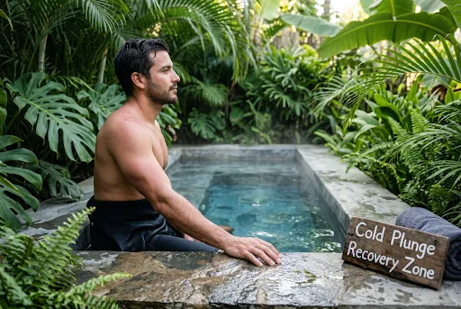 Post-Surf Recovery – An adult relaxing in a cold plunge pool surrounded by tropical greenery.