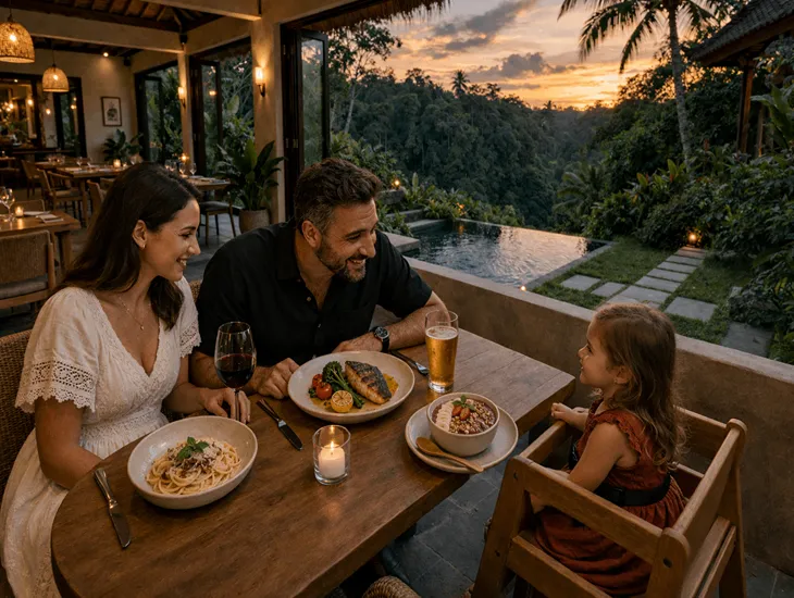 Family Restaurants in Ubud – Jungle-edge dining, child safety near water features, and comfortable seating for kids