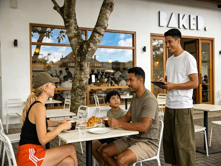 Artisan Bakery in Bali – Modern brunch pastries, busy café setting, and babysitter support for families