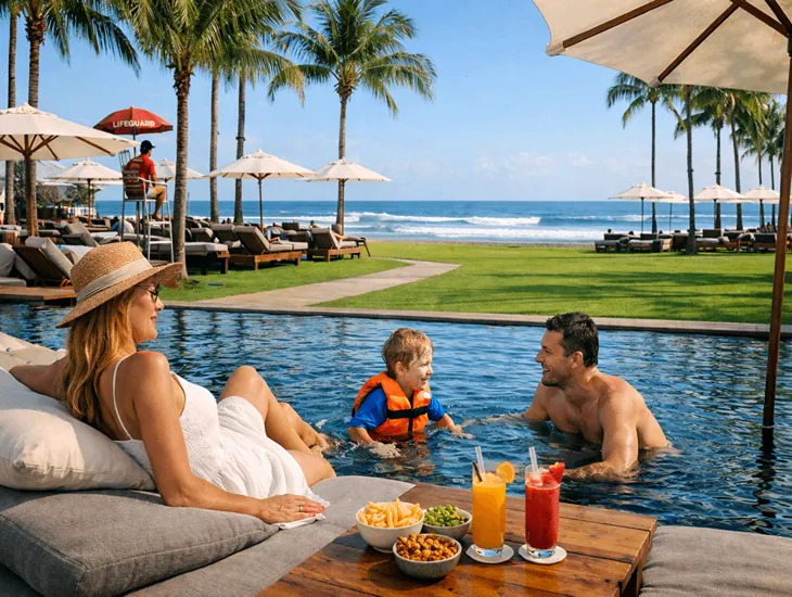 Kid-Friendly Beach Club in Bali – Children playing safely on a wide grassy lawn while parents relax on nearby daybeds.