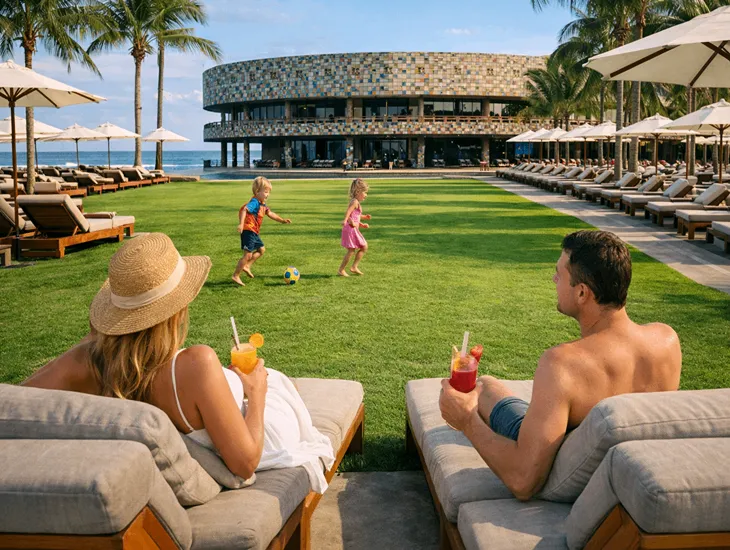 Outdoor Fun in Bali – A professional local babysitter supervising children during a creative play session on a wide lawn.