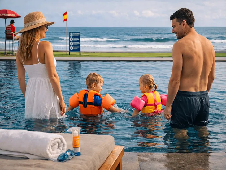 Kid-Friendly Beach Club in Bali – Pool and beach safety, flotation support, and supervised family swimming near the shore