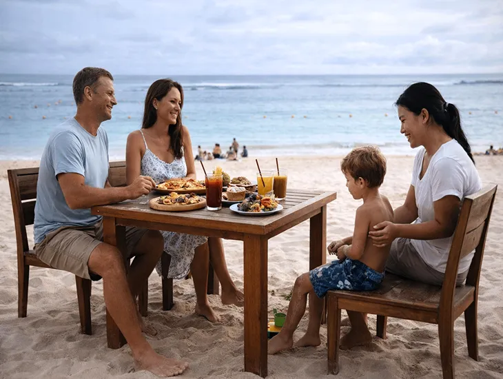 Beach Dining with Kids in Bali – Beachfront family meals, sandy play access, and relaxed seaside dining at Geger Beach