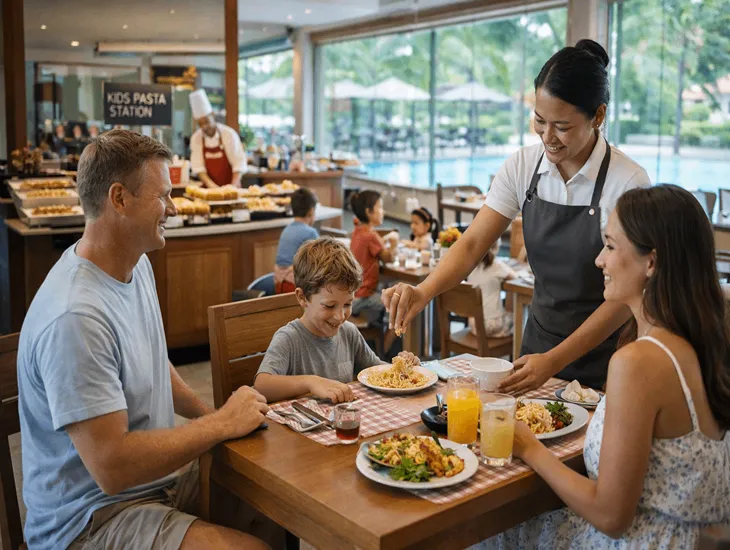 Beach Dining with Kids in Bali – Family brunch, kids’ activity stations, and resort dining with supervised play