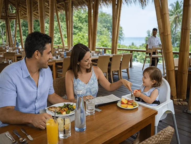 Beach Dining with Kids in Bali – Shoreline restaurant design, healthy family meals, and child-friendly coastal dining experience