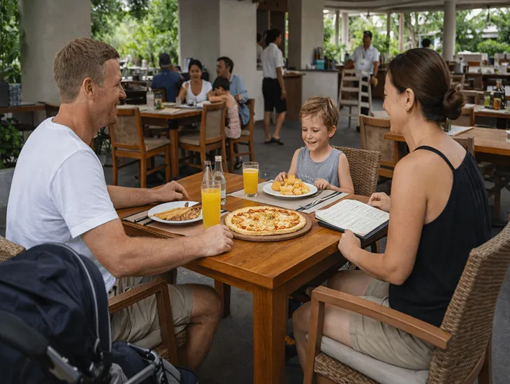 Beach Dining with Kids in Bali – Budget-friendly family restaurant, spacious seating, and easy access near the beach