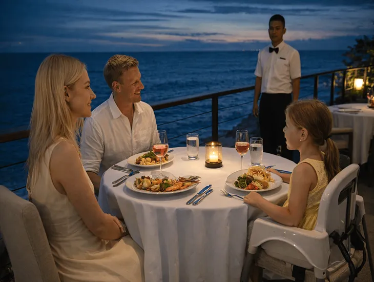 Beach Dining with Kids in Bali – Luxury ocean-view dinner, child-friendly service, and safe family dining at a beachfront resort