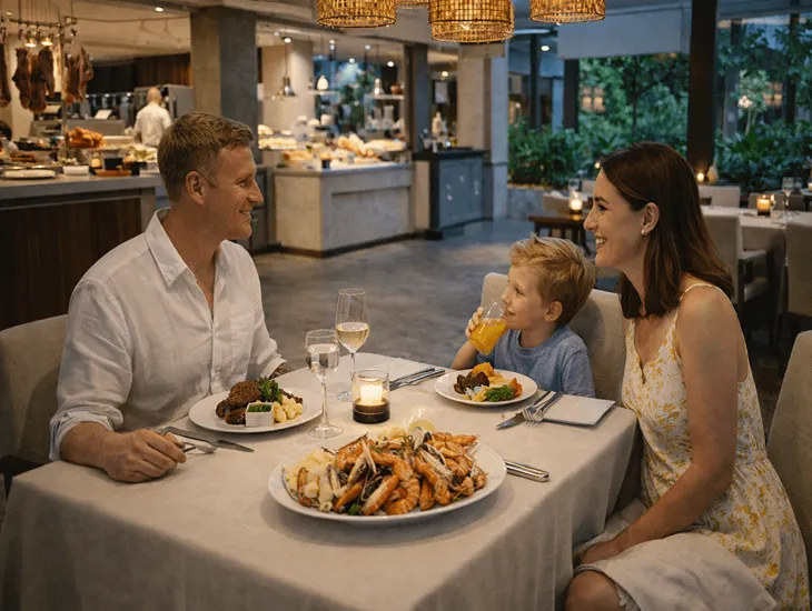 Beach Dining with Kids in Bali – Premium family dining, shaded resort seating, and varied cuisine for children in Nusa Dua
