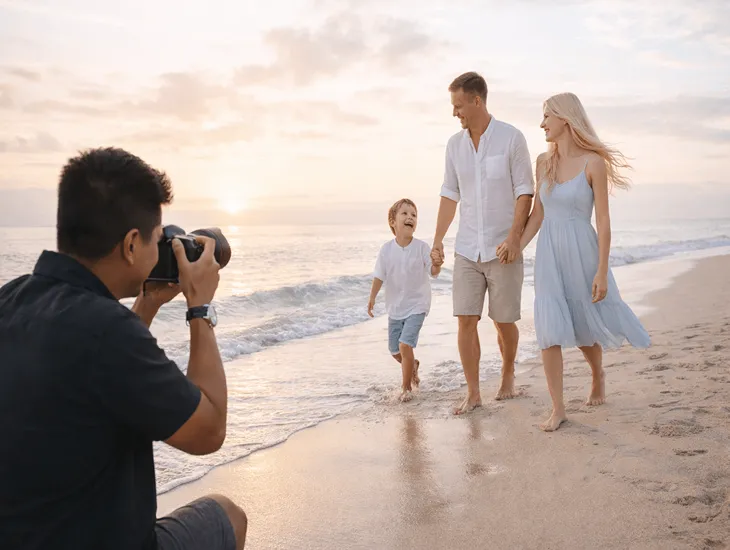 Family Portrait Etiquette – A family dressed in modest, coordinated outfits for a cultural temple photoshoot.