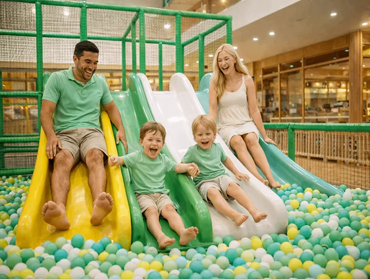 Best Playgrounds in Bali for Kids – Children playing on sustainable wooden structures in a secure and shaded outdoor play area.
