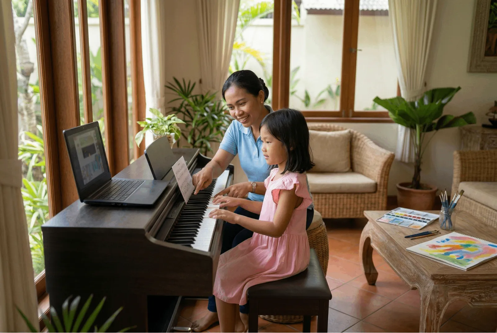 Creative Learning in Bali 2026 – A babysitter in Bali helping a young child with piano practice and music theory.
