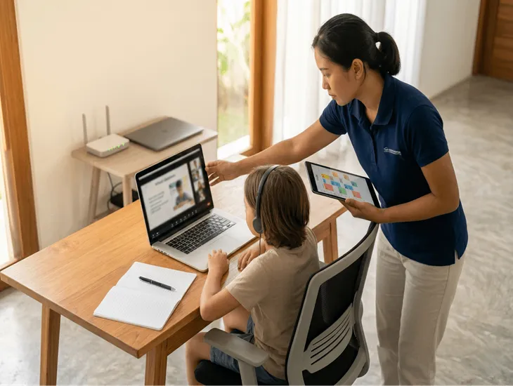 Home Education Logistics 2026 – A professional assistant managing laptop setups and Zoom schedules for a student.