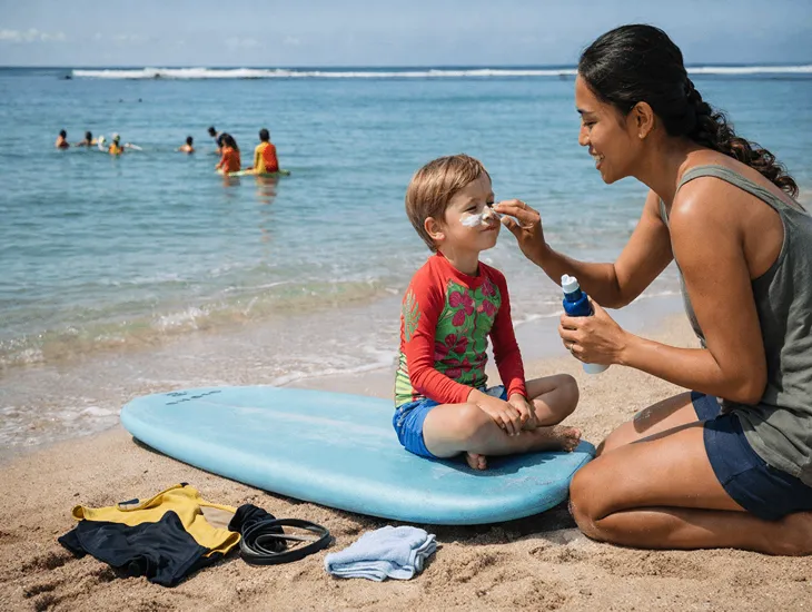 Surfing Schools in Bali for Kids 2026 – babysitter in Indonesia helping a child apply zinc sunscreen before an aquatic activity.