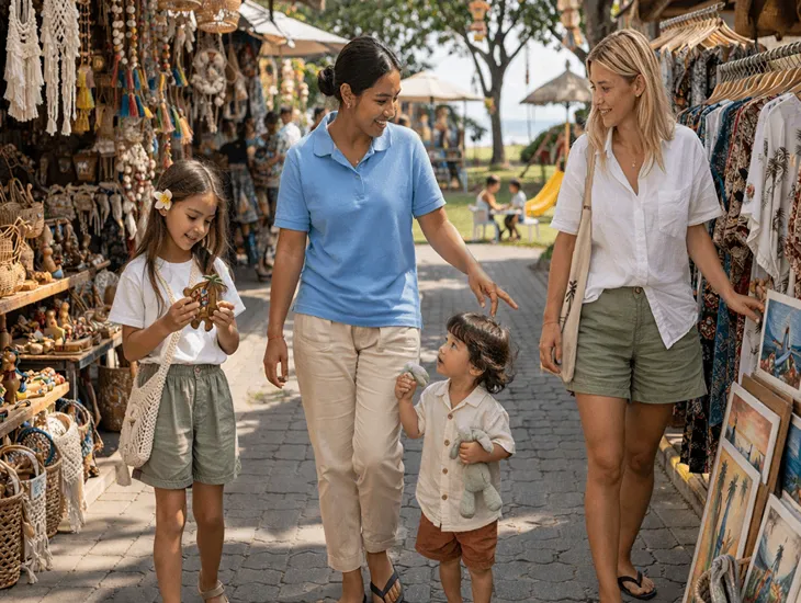 Family Shopping in Indonesia 2026 – A professional babysitter guiding children through a colorful market.