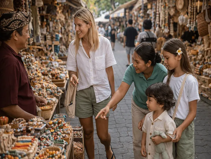 Market Etiquette in Bali 2026 – A babysitter in Bali helping kids interact with local market vendors safely.