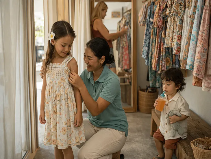 Kids Fashion in Indonesia 2026 – babysitter in Bali helping a child try on a summer dress.