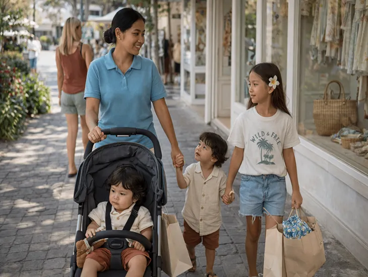 Boutique Shopping in Bali 2026 – babysitter in Indonesia managing shopping bags and a stroller.