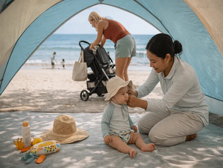 Essential Beach Shopping in Bali 2026 – A babysitter in Bali packing sun protection and swim gear into a beach bag.