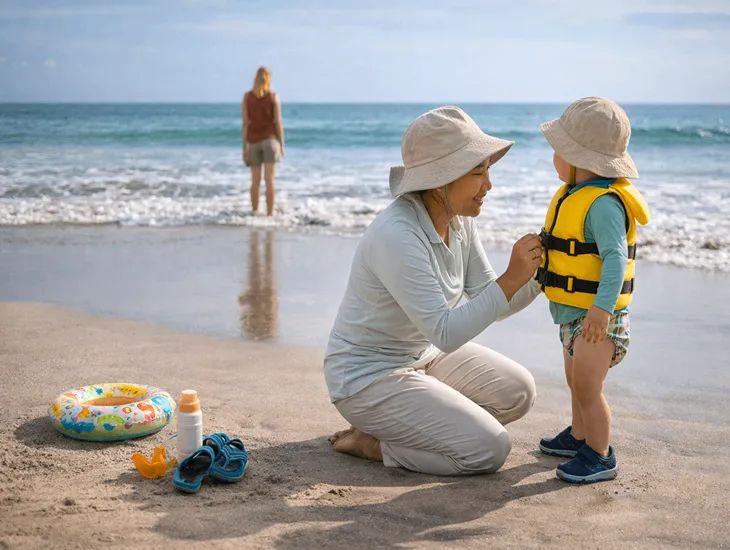 Toddler Beach Safety 2026 – A babysitter in Bali securing a floatation vest on a toddler near the shoreline.