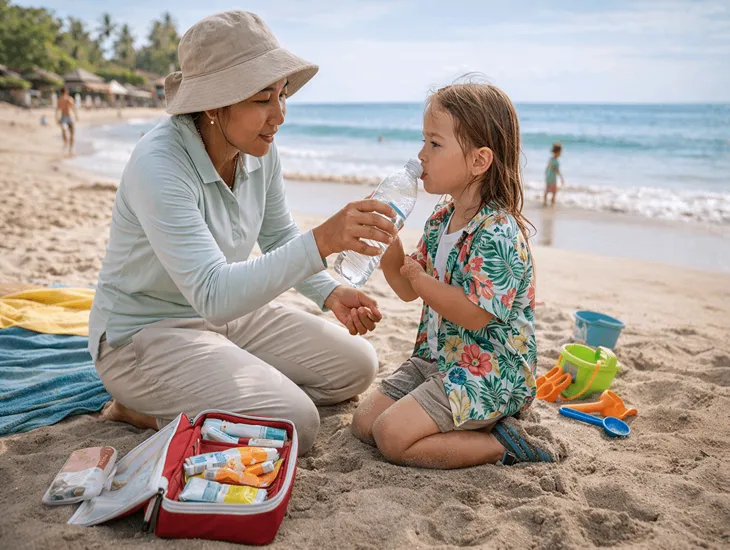Tropical Hydration 2026 – A professional babysitter in Bali offering water to a child after playing in the sand.