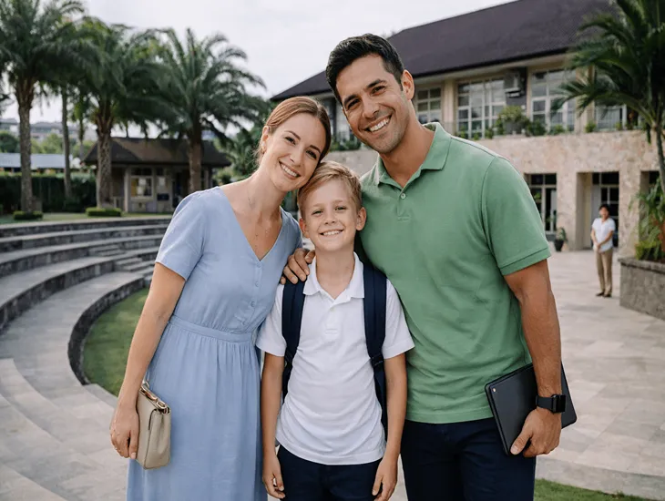 International Schools in Bali – Family at modern school campus, English curriculum learning, and safe student environment in Canggu