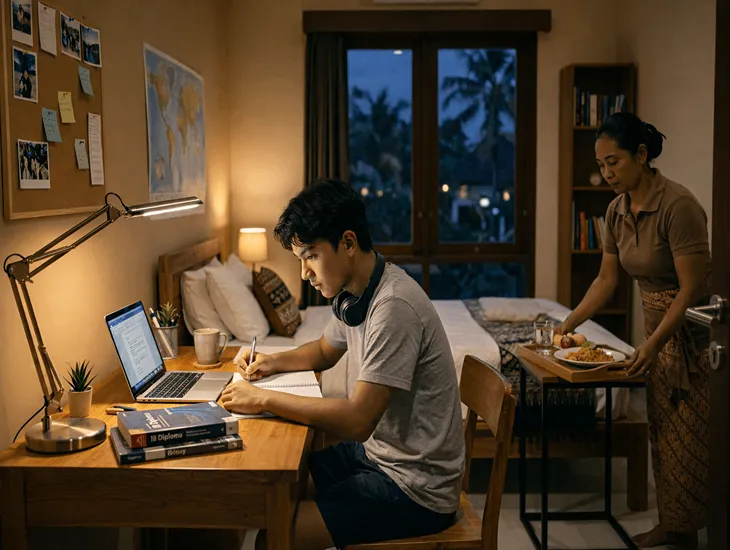 IB Diploma Programs in Bali 2026. High school students preparing for exams with the support of a dedicated caregiver.