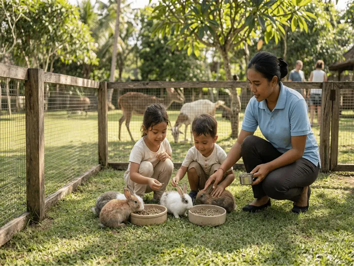 Wildlife Park in Bali 2026 – Children feeding small rabbits safely with a professional caregiver.