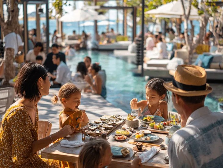 Parenting in Bali 2026 – A professional caregiver supervising children at a seaside table during a busy Sunday brunch.