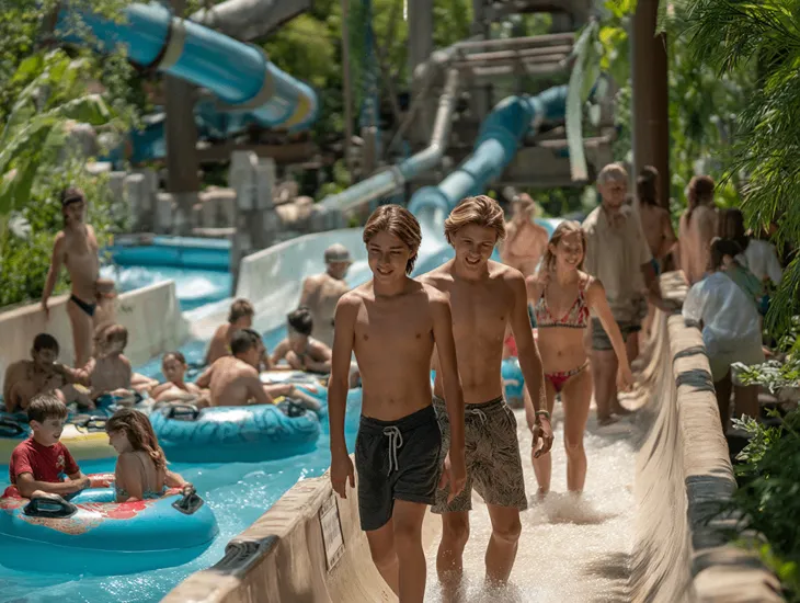 Tropical Family Fun 2026 – A family enjoying a shaded cabana with cold drinks near a large kids' water playground.