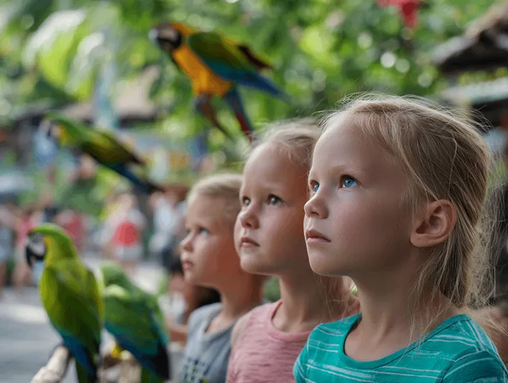 Bird Park in Bali with kids 2026 – Children interacting with tropical parrots and colorful macaws in a landscaped garden
