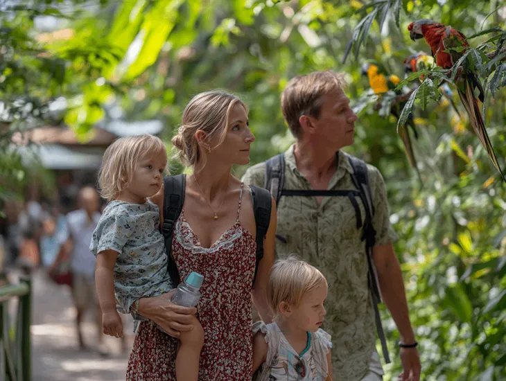 Bird Park in Bali with kids – Family walking through a shaded walk-through aviary with rare tropical bird species