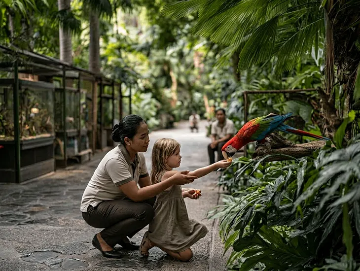 Bird Park in Bali with kids – Child feeding a colorful pelican under the guidance of a park ranger