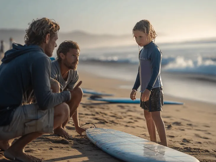 Ocean Safety Briefing 2026 – An instructor demonstrating how to cover the head when falling off a surfboard.