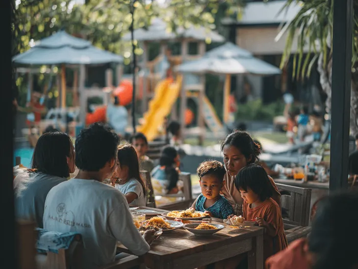 Outdoor playground in Canggu 2026 – Children enjoying outdoor climbing structures under supervision.