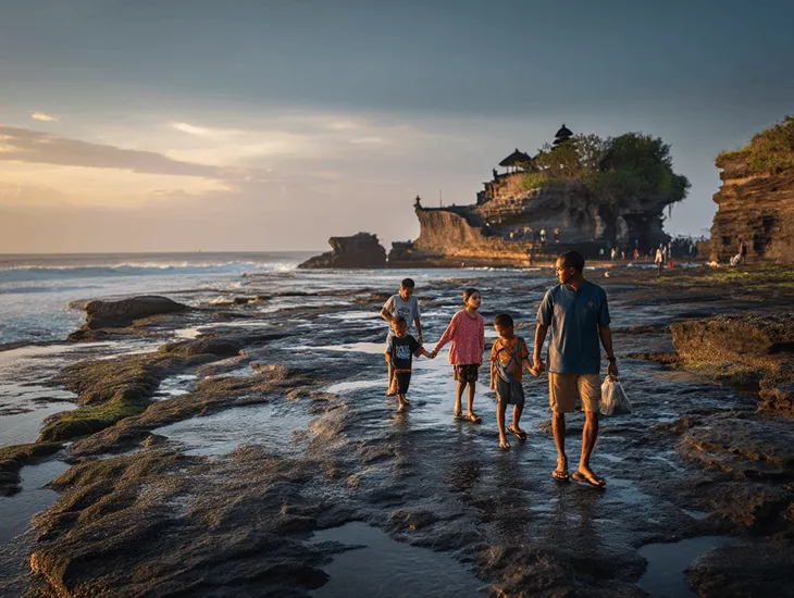 Holy Snake Cave in Bali 2026 – Childcare expert guiding kids away from slippery rocks near a cave.