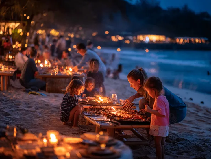 Sunset Dining With Kids in Bali 2026 – A professional babysitter supervising children safely near the ocean